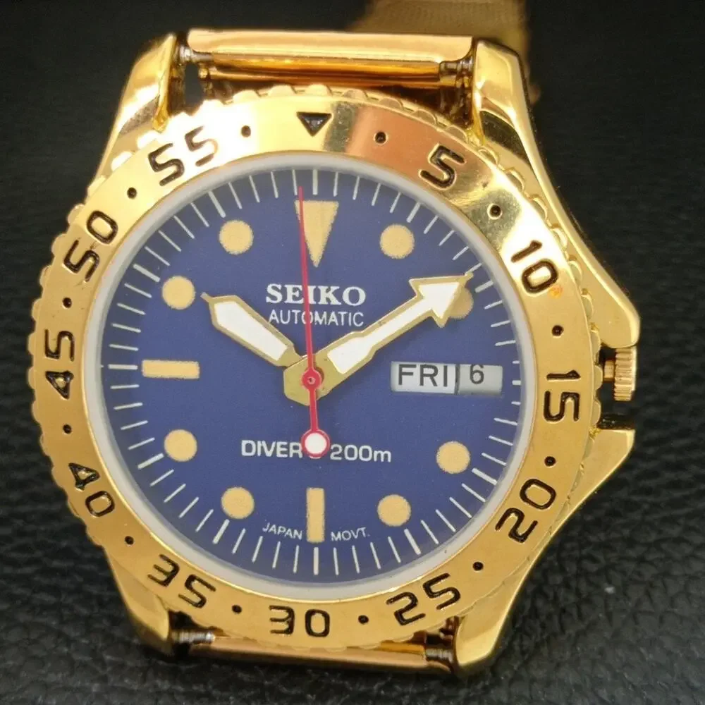 Vintage 1970 Seiko Diver Automatic Mens Gold Watch W/daydate & Blue accents